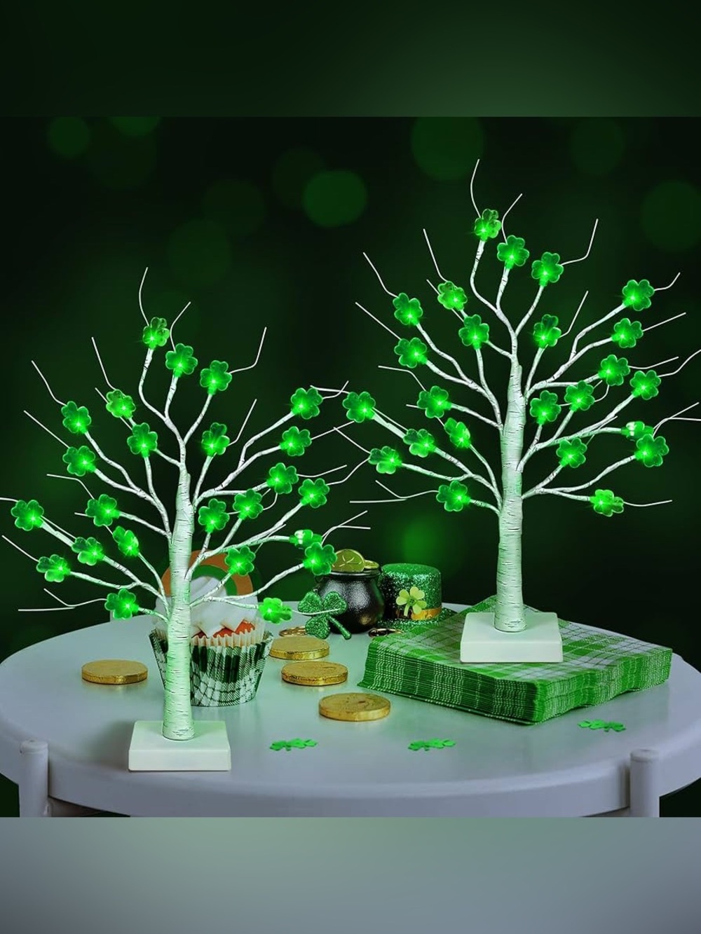 2 Pack 24 Inch St Patricks Day Shamrock Tree Light Decoration with 24 LED Lights